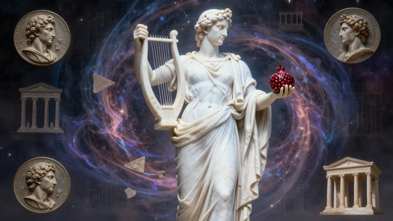 Luminous marble statue of Antinous surrounded by cosmic energy and historical artifacts