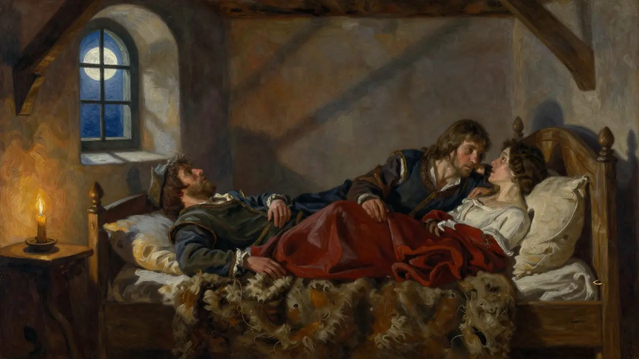 Medieval couple in a rustic bedroom illuminated by moonlight, looking weary