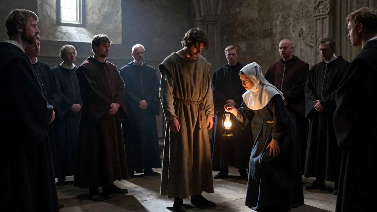 Medieval court scene where a midwife examines a suspect by lamplight