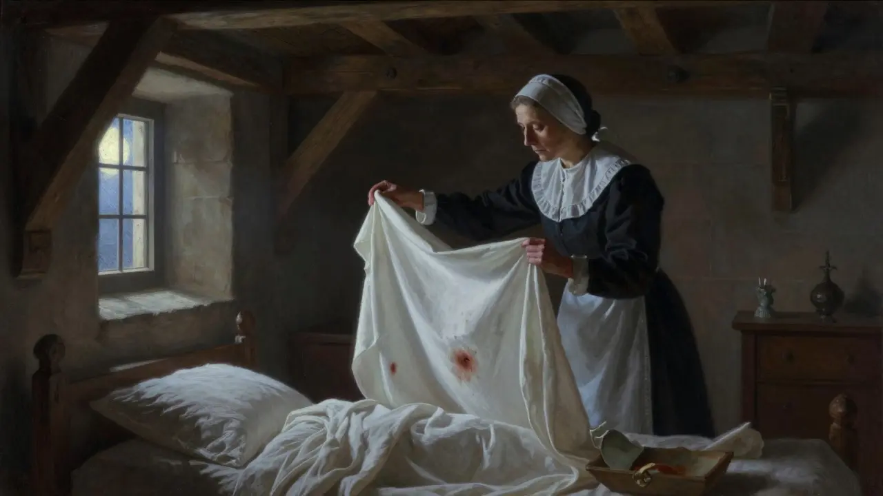 Midwife inspecting a bedsheet in a dimly lit medieval bedroom