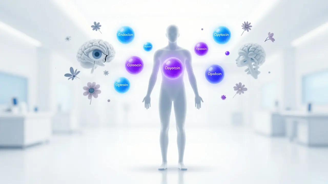 Modern medical illustration of a human figure releasing beneficial hormones while old myths fade away.