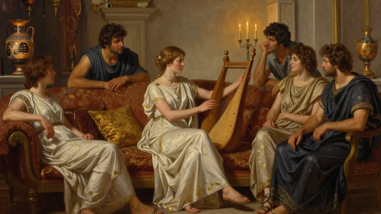 Oil painting of a hetaera engaging wealthy men in intellectual discussion at a symposium