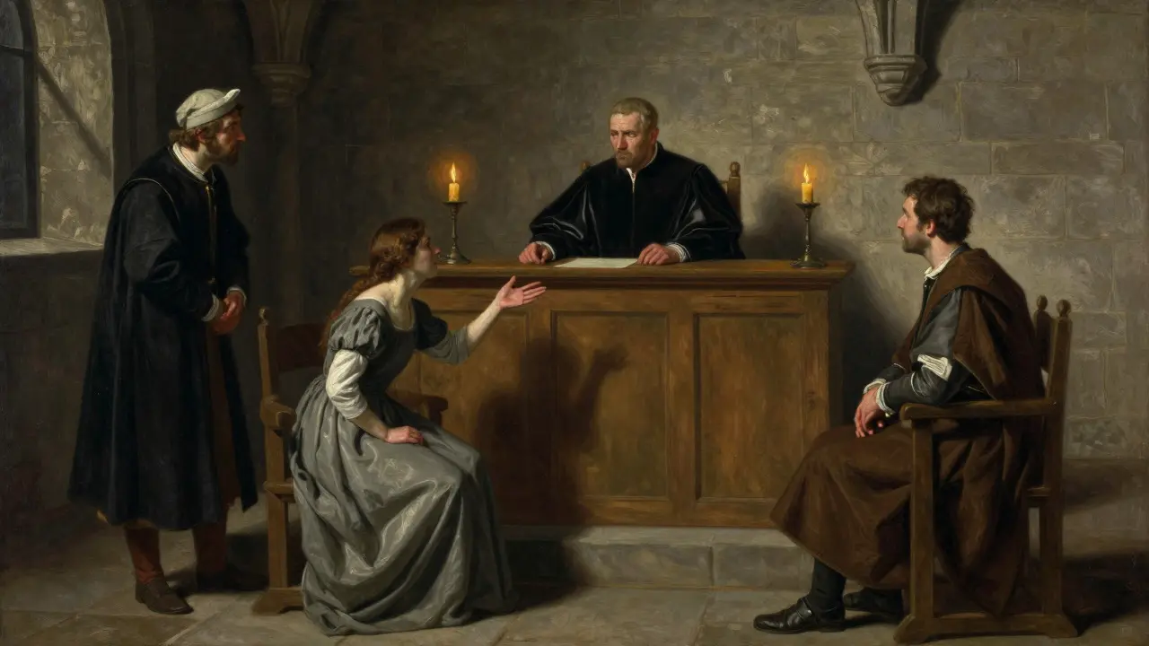 Oil painting of a medieval court hearing a dispute over marriage consent
