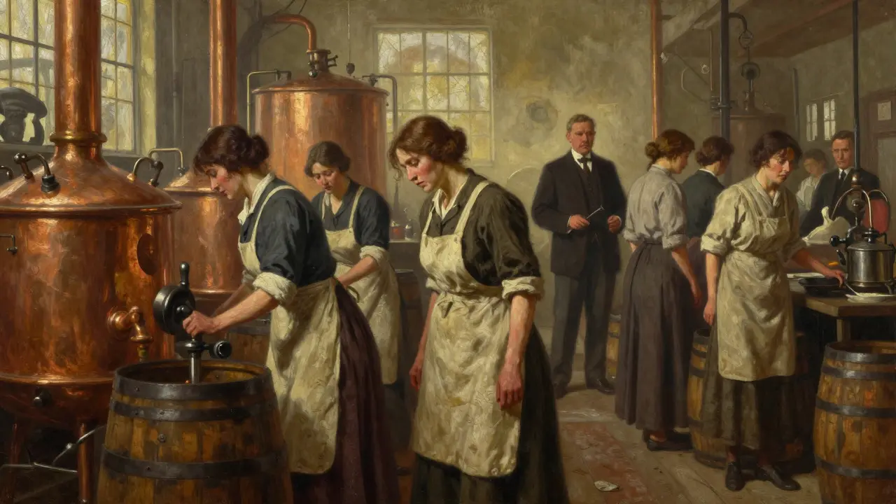 Oil painting of weary female factory workers observed by a stern supervisor