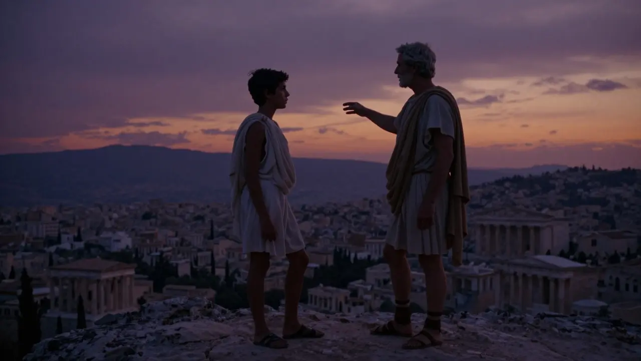 Older man and young boy conversing on a hilltop overlooking an ancient Greek city
