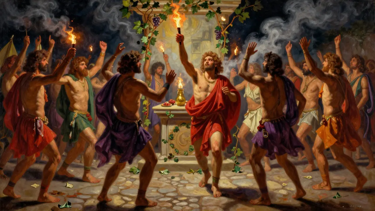 Painting of a wild Dionysian festival with dancers and torches in a dark, atmospheric setting