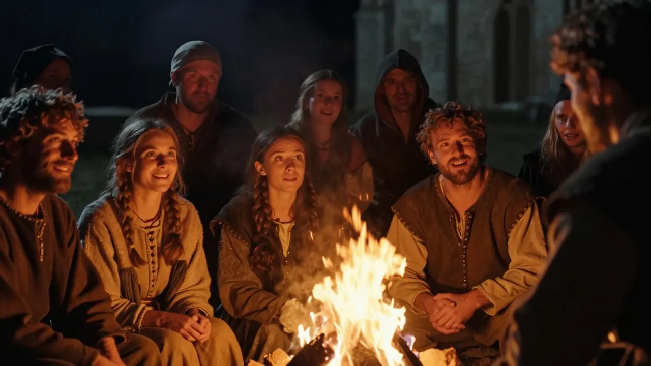 People sharing stories by firelight in a medieval setting