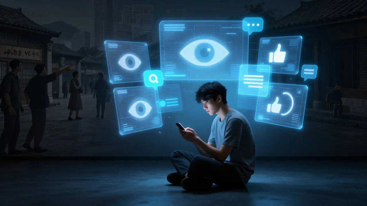 Person in dark apartment surrounded by glowing social media screens and abstract eyes
