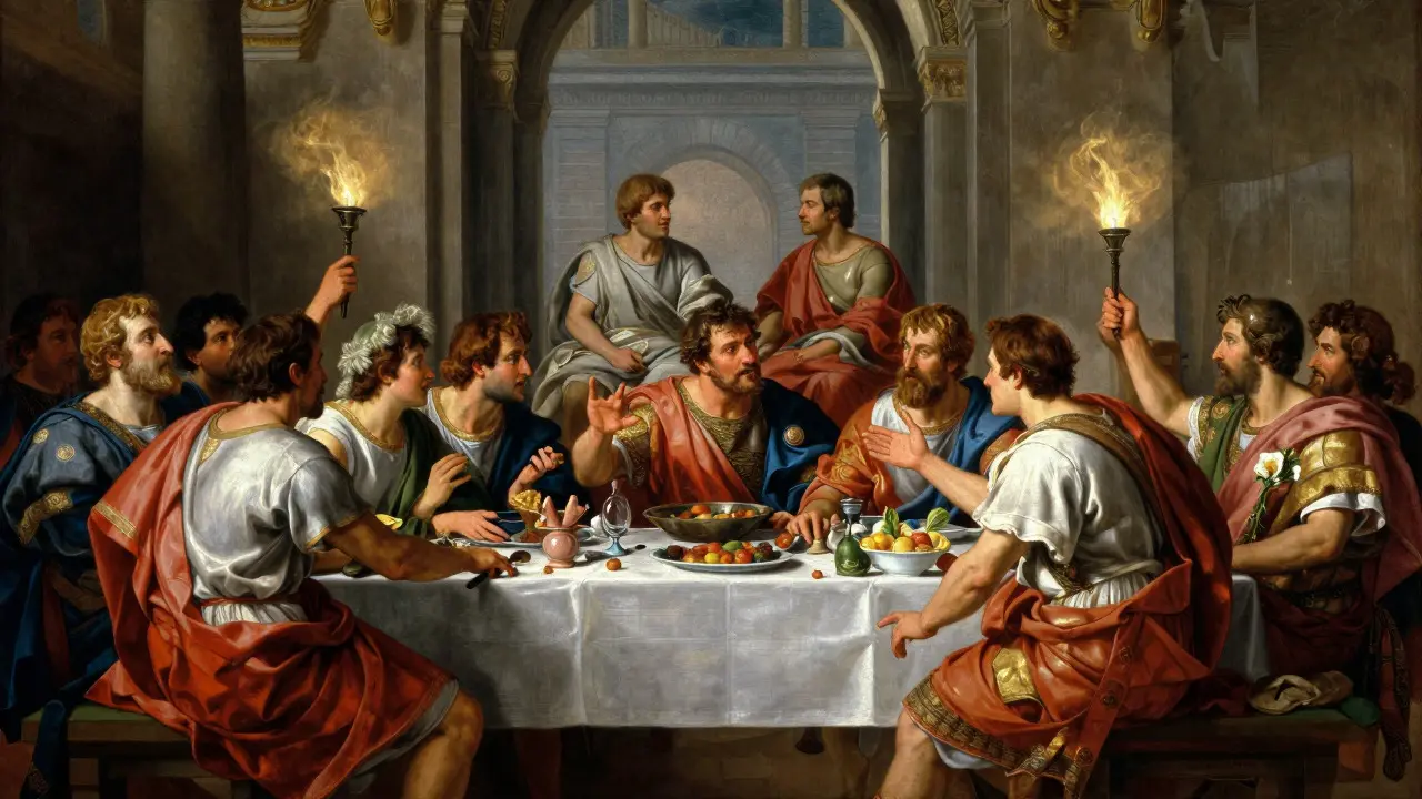Roman elites dining at a banquet with a calm couple observing from the side