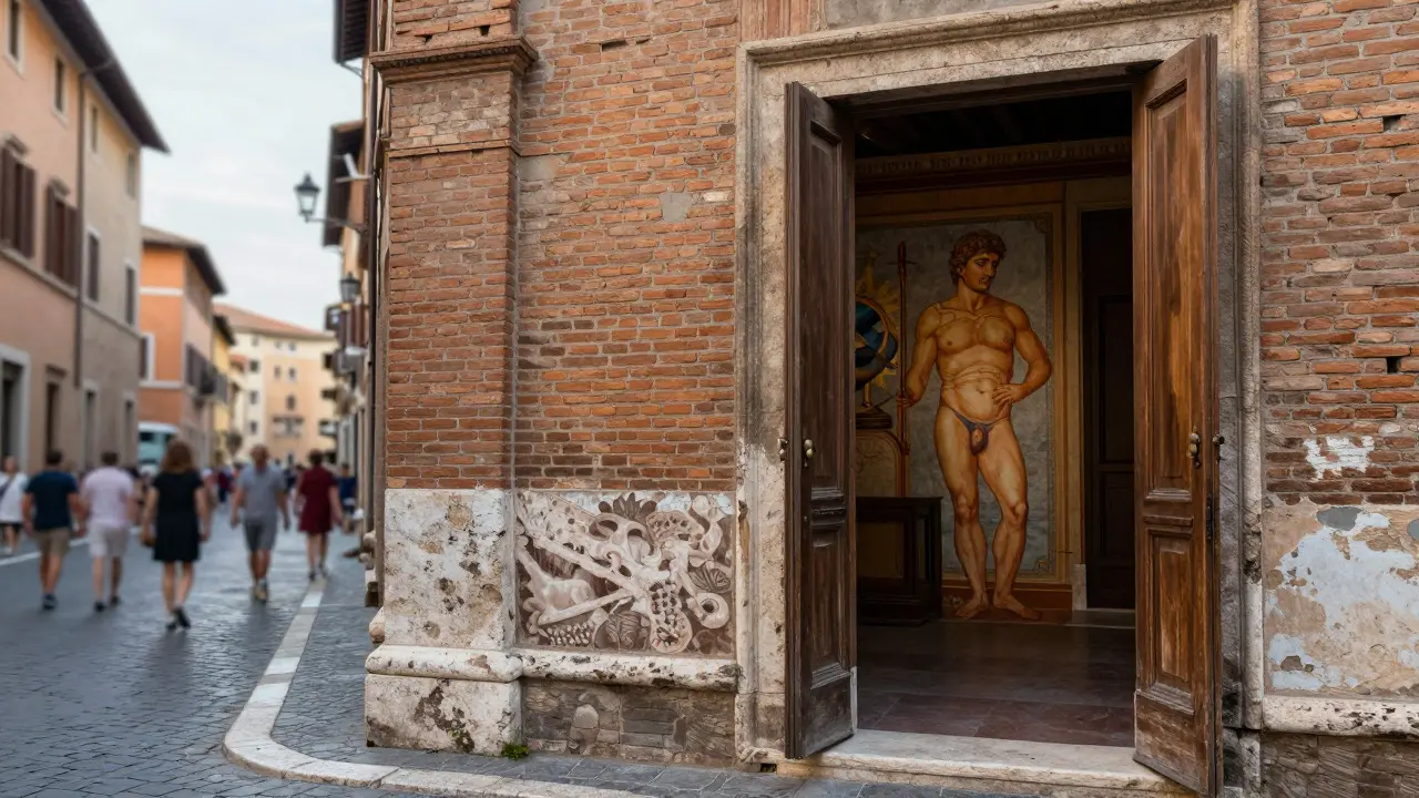 Roman street view looking into a home with visible fertility frescoes