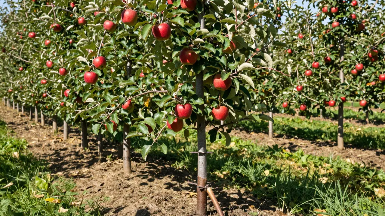 Rows of cloned apple trees in an orchard with a grafted sapling in the foreground
