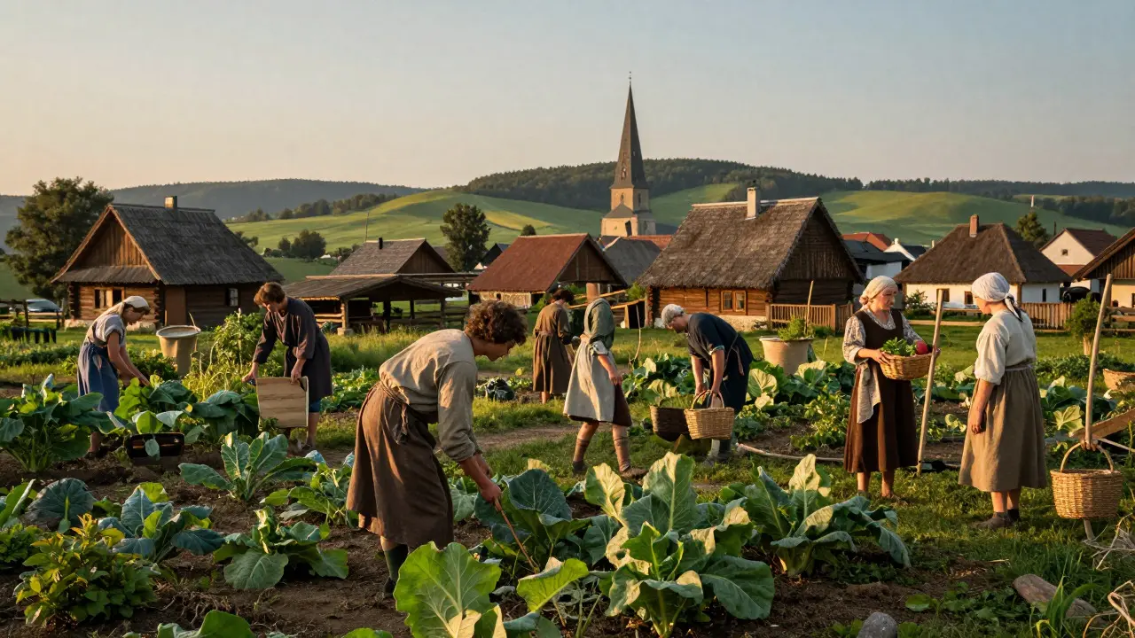 Rural villagers working together in a garden during golden hour