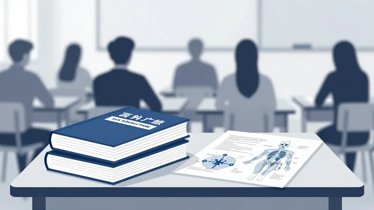 Scientific textbooks and charts in a French classroom illustrating a secular health curriculum