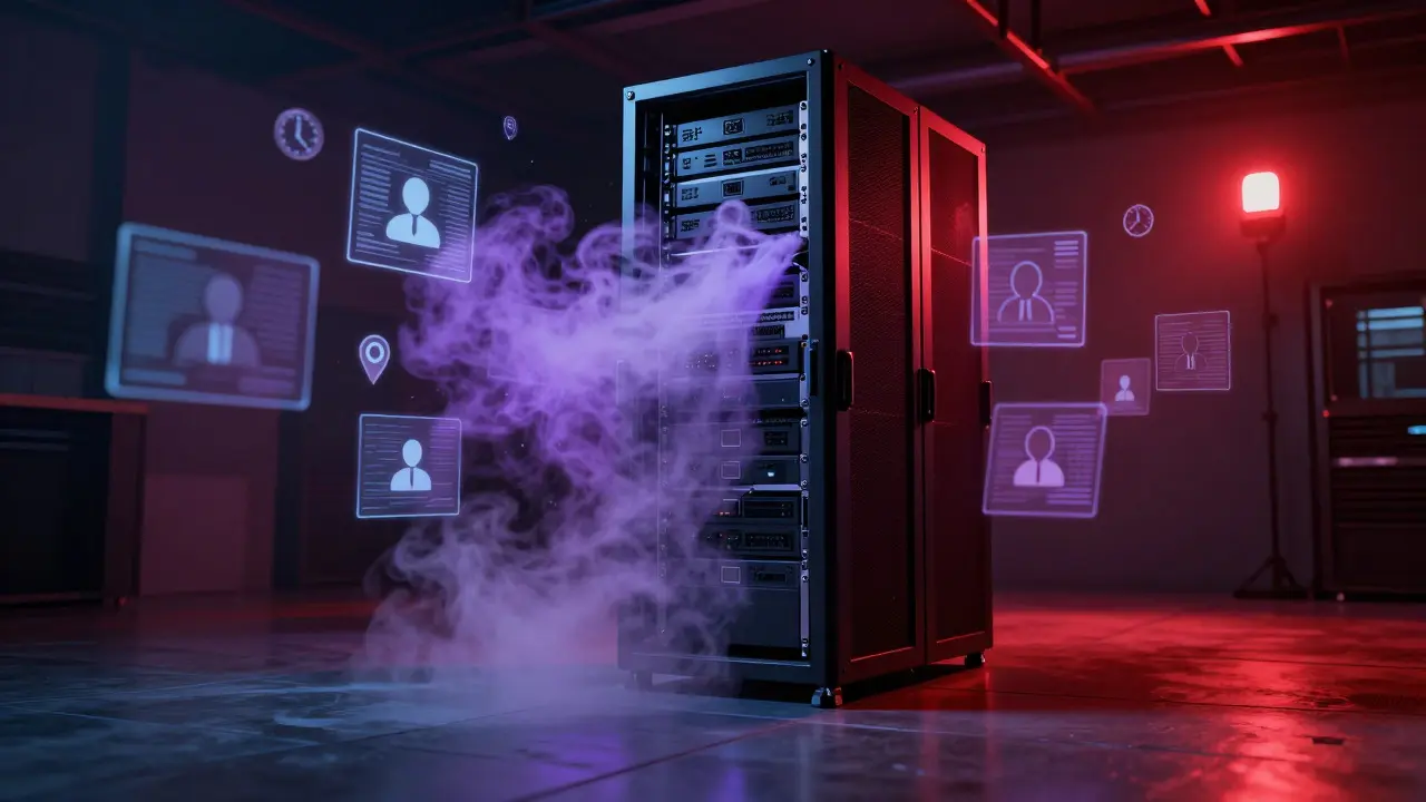 Server rack leaking purple mist with floating data icons in a dark room