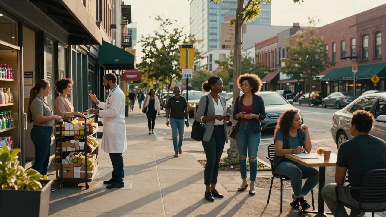 Sex workers integrating into daily urban life, supporting local businesses and clinics