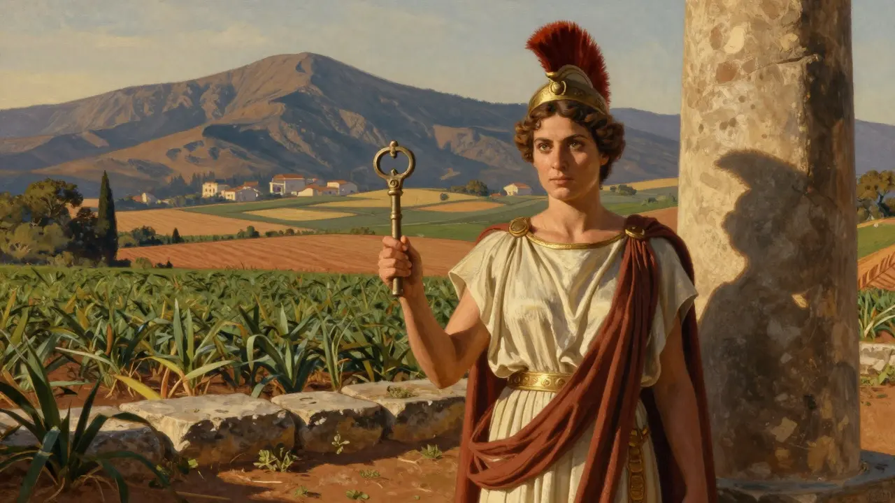 Spartan woman standing near estate boundaries in a field, symbolizing property rights