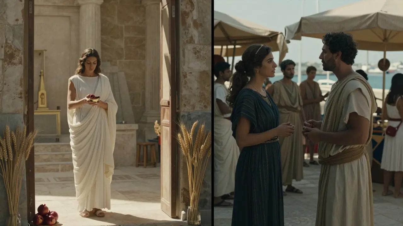 Split image contrasting a serene temple ritual with a busy ancient Greek street market scene