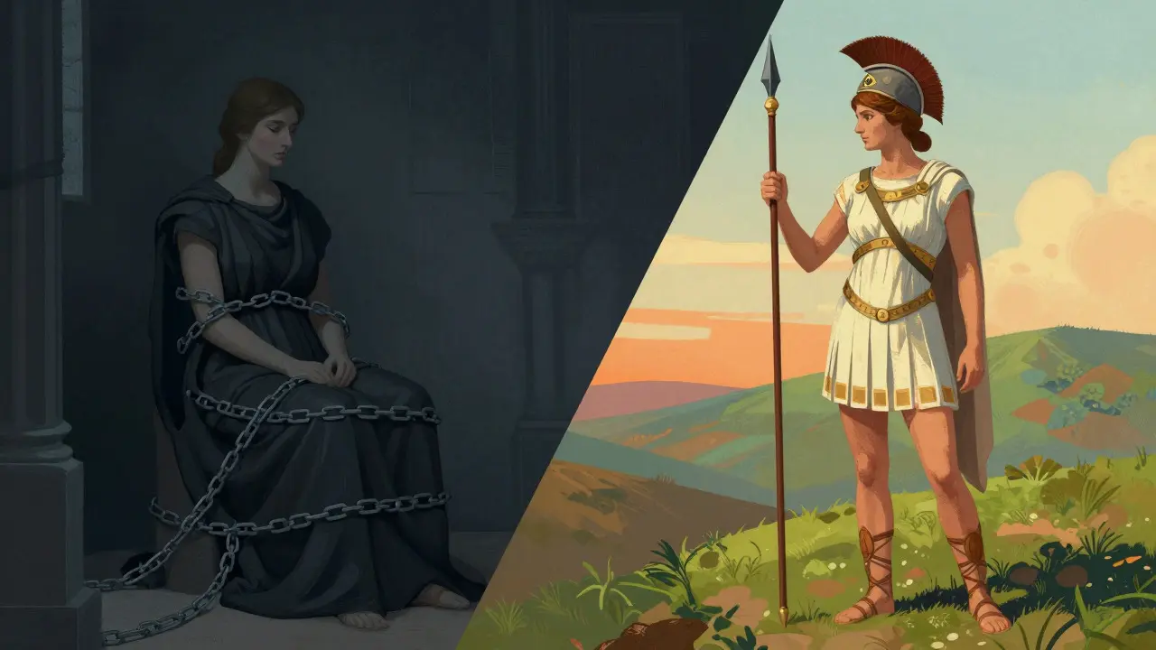 Split image showing a confined woman on the left and a free Spartan woman on the right