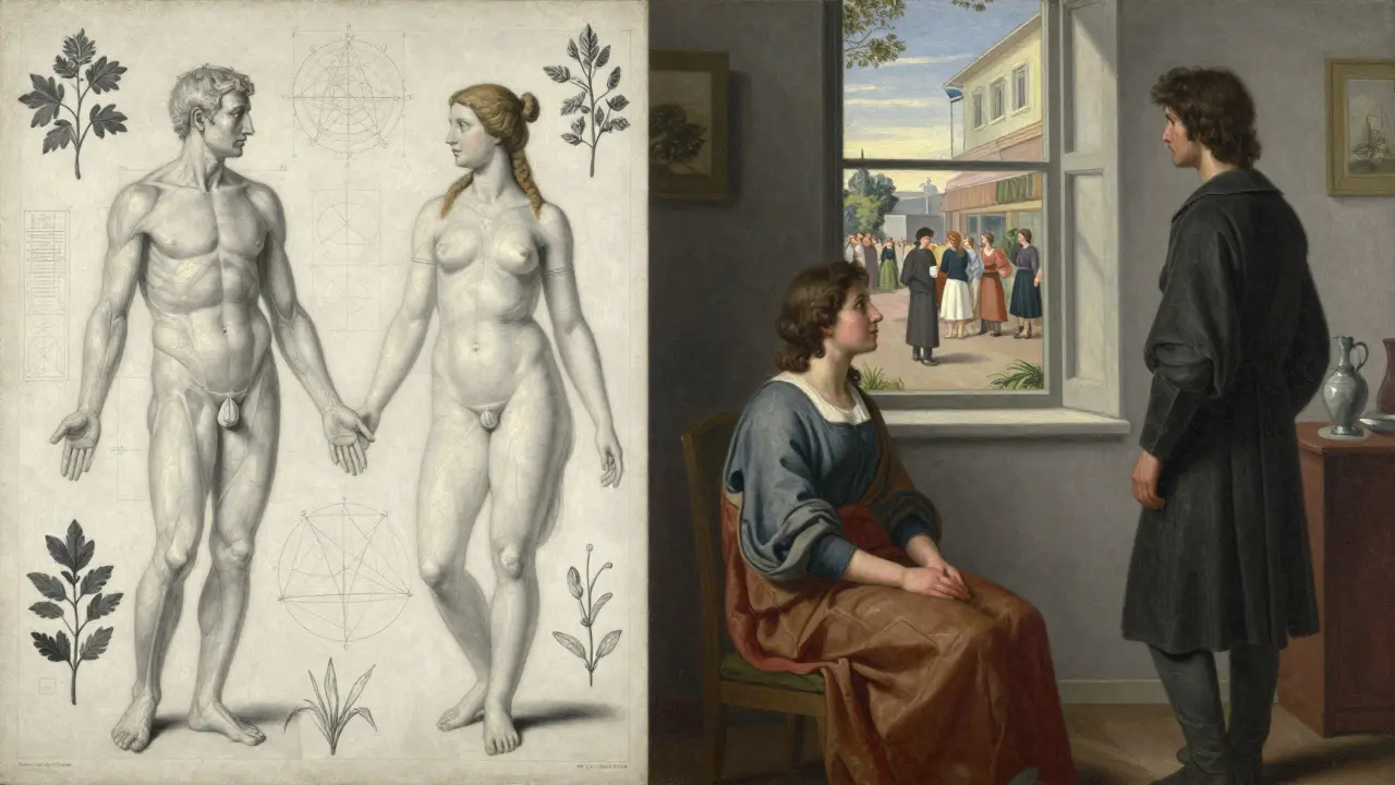 Split scene showing anatomical studies and separate domestic spheres illustrating natural difference
