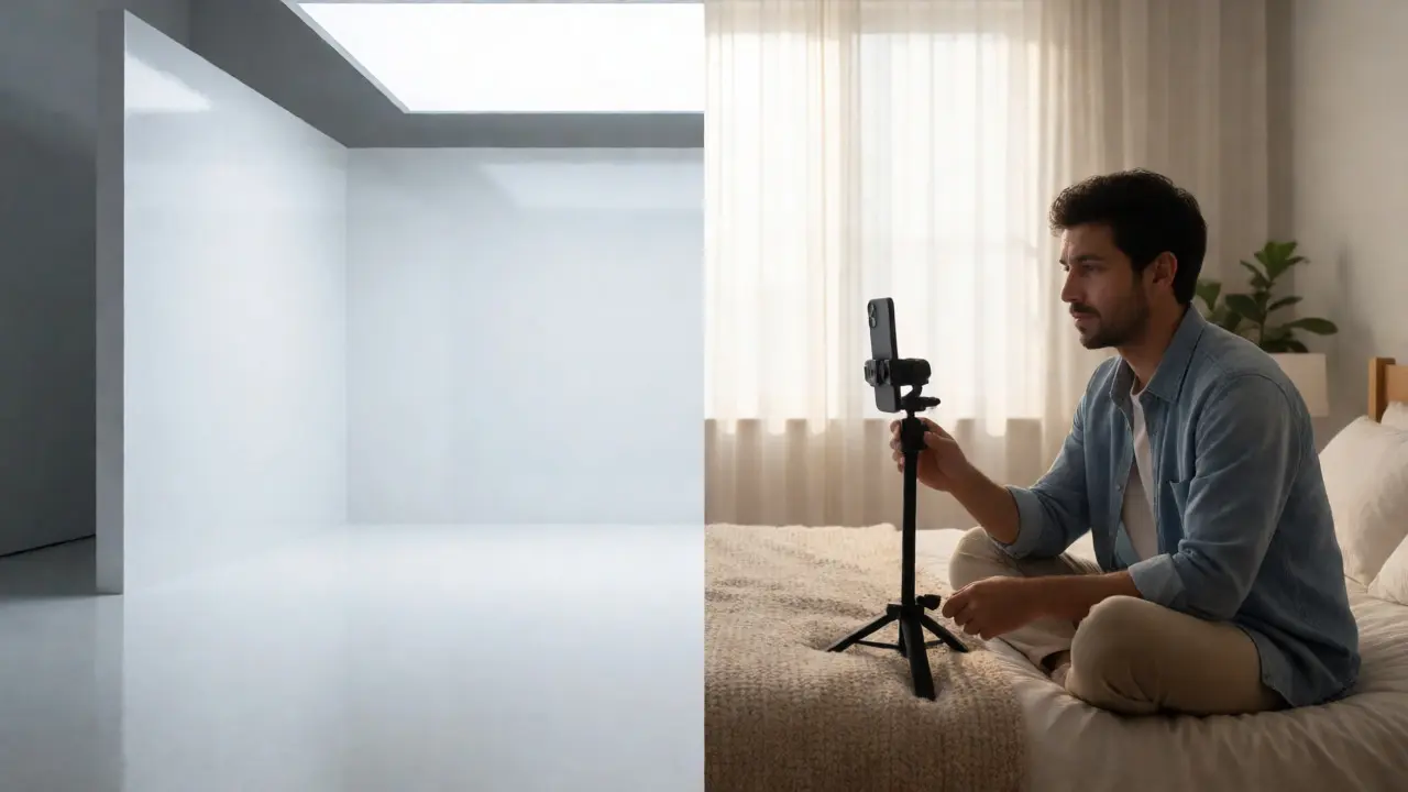 Split view contrasting sterile studio production with intimate home creation