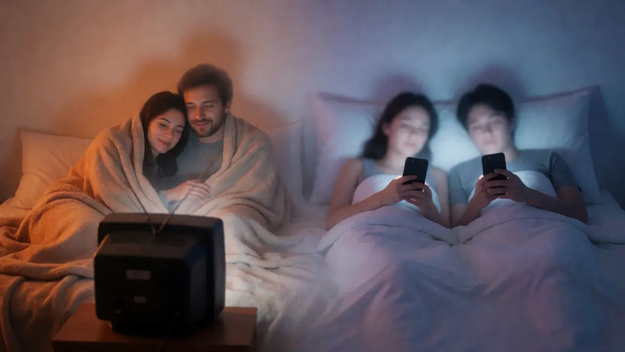 Split view of a couple watching TV together versus individuals using phones in bed.