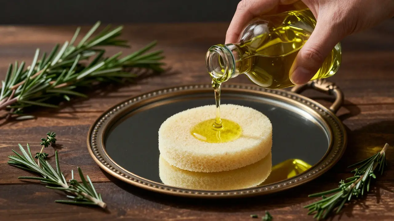 Still life of olive oil being poured onto a sponge near a bronze mirror and herbs
