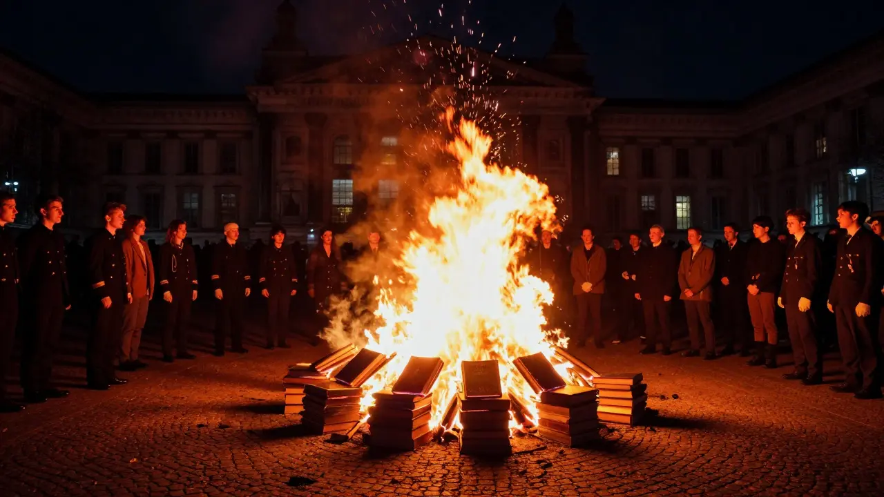 Students burning books in a courtyard during the 1933 Nazi purge