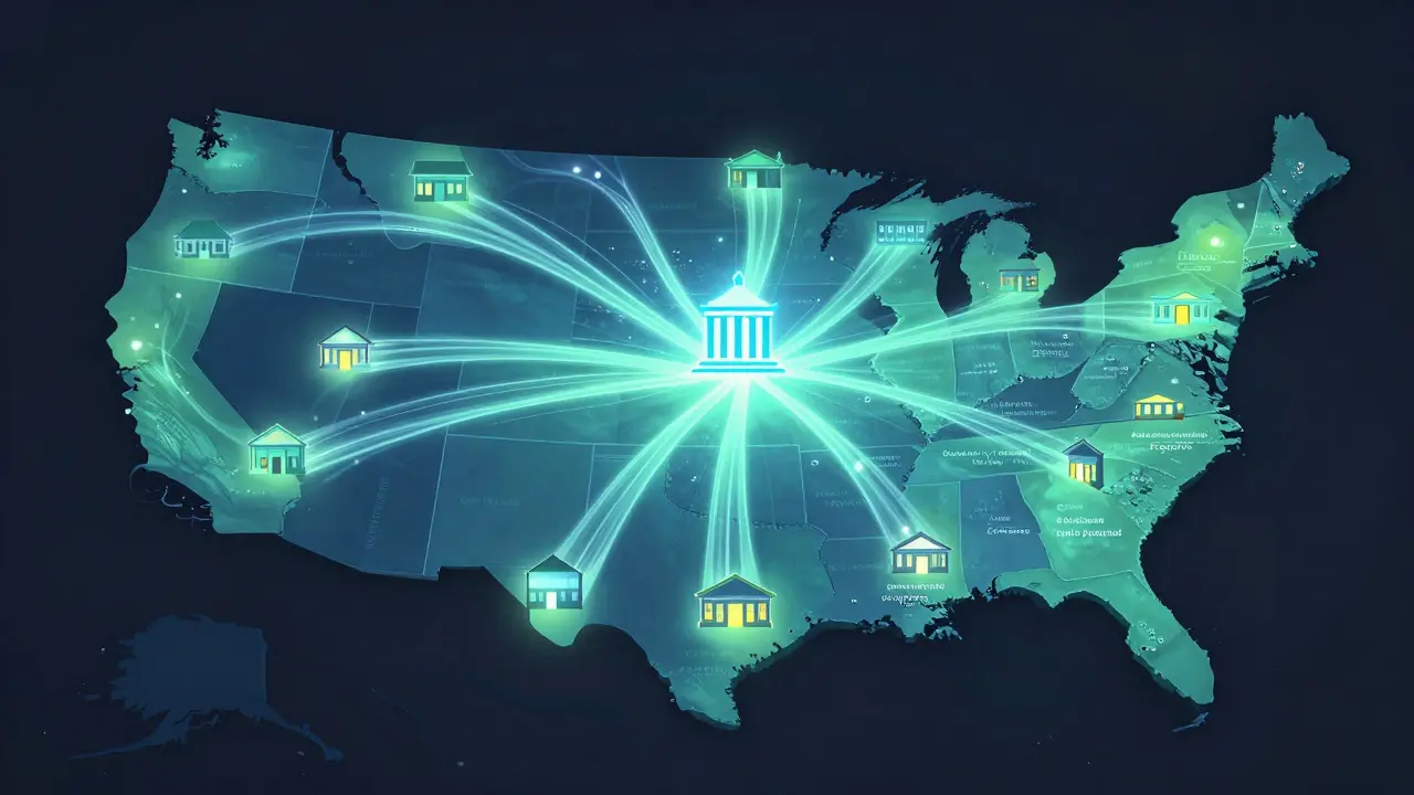 Stylized map showing federal grant funds flowing to community health centers