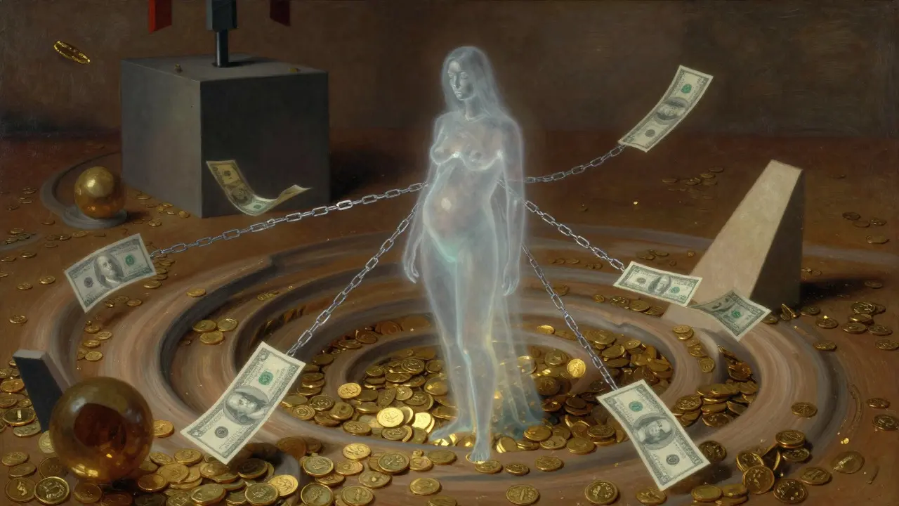 Surreal art showing a woman surrounded by coins and chains representing market value