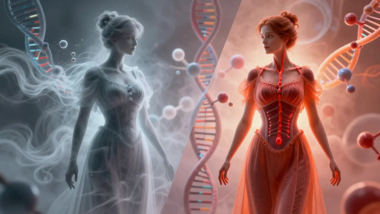 Surreal art showing the transition from Victorian medical myths to modern science