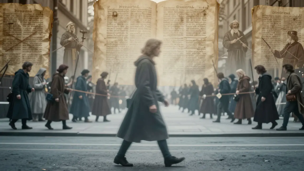 Surreal blend of modern street and ghostly medieval imagery showing historical legacy