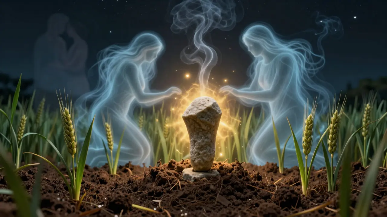 Surreal illustration of a stone phallus protecting against spirits and promoting growth