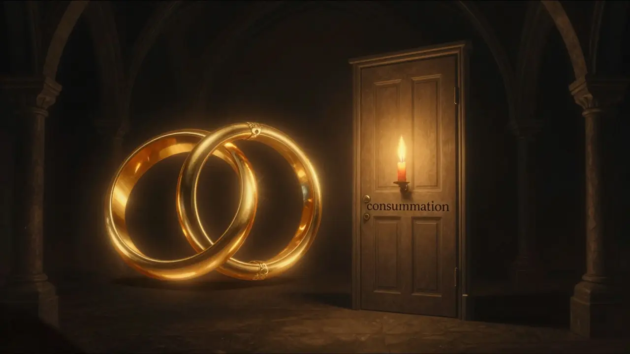 Symbolic illustration contrasting wedding rings and a bedroom door
