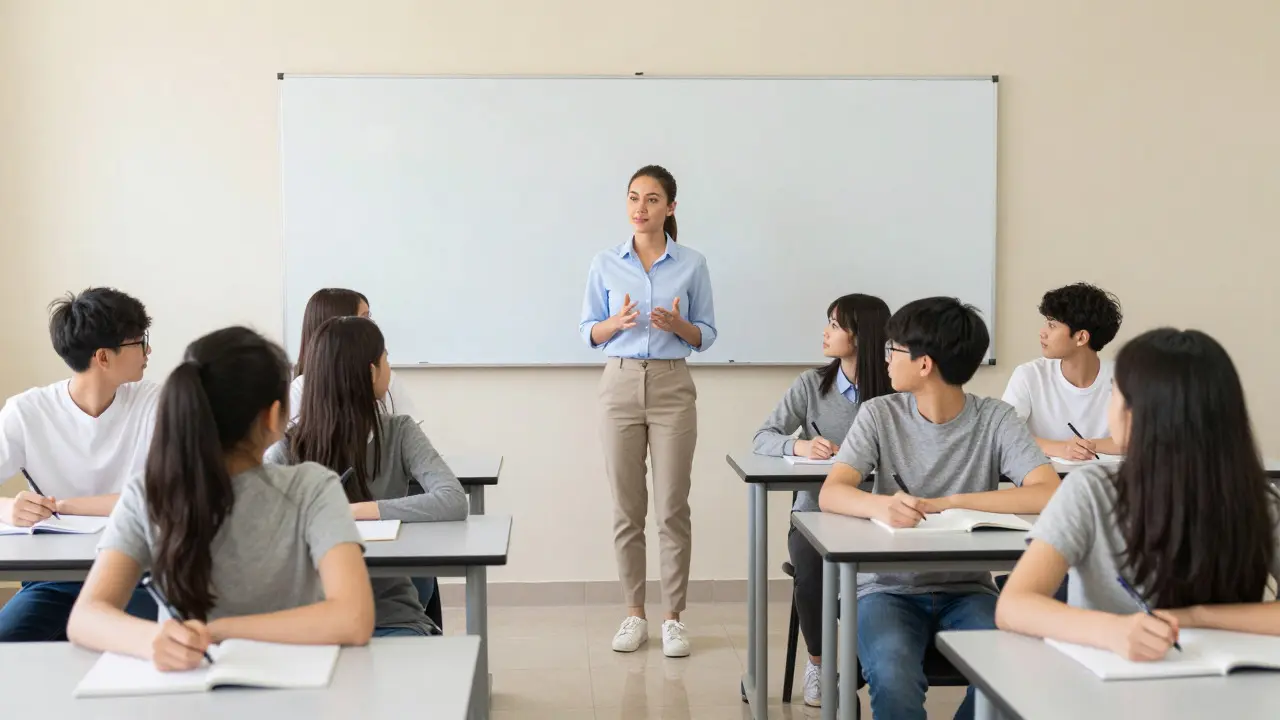 Teacher instructing a diverse group of students in a bright, organized classroom