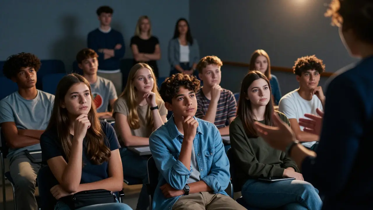 Teenagers engaging in a serious discussion about health and relationships in a classroom