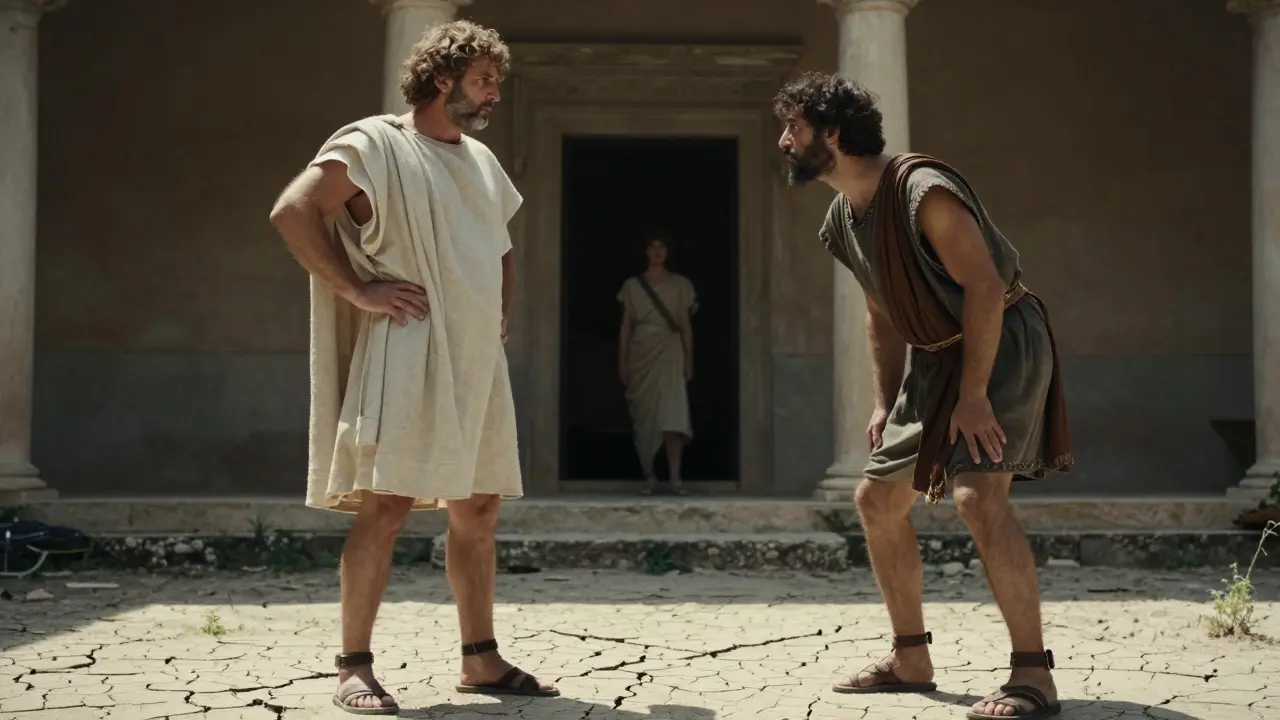 Tense confrontation between two men of different social statuses in a courtyard