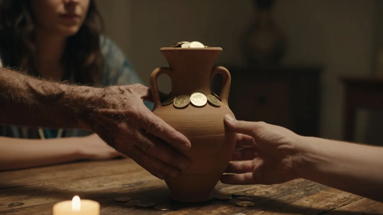 Two men exchanging gold coins in a clay pot, representing the financial aspect of ancient Greek marriage