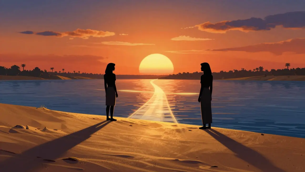 Two silhouettes standing apart on the Nile bank at sunset connected by light