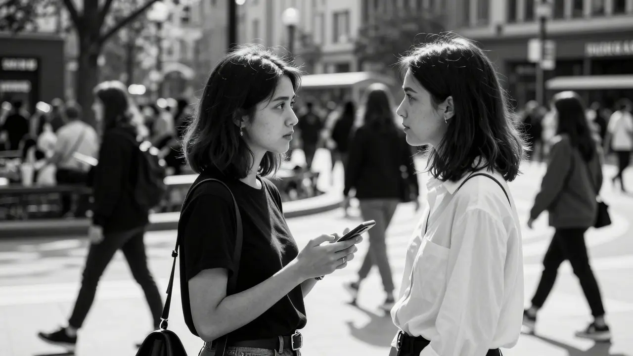Two women making eye contact in a modern city setting