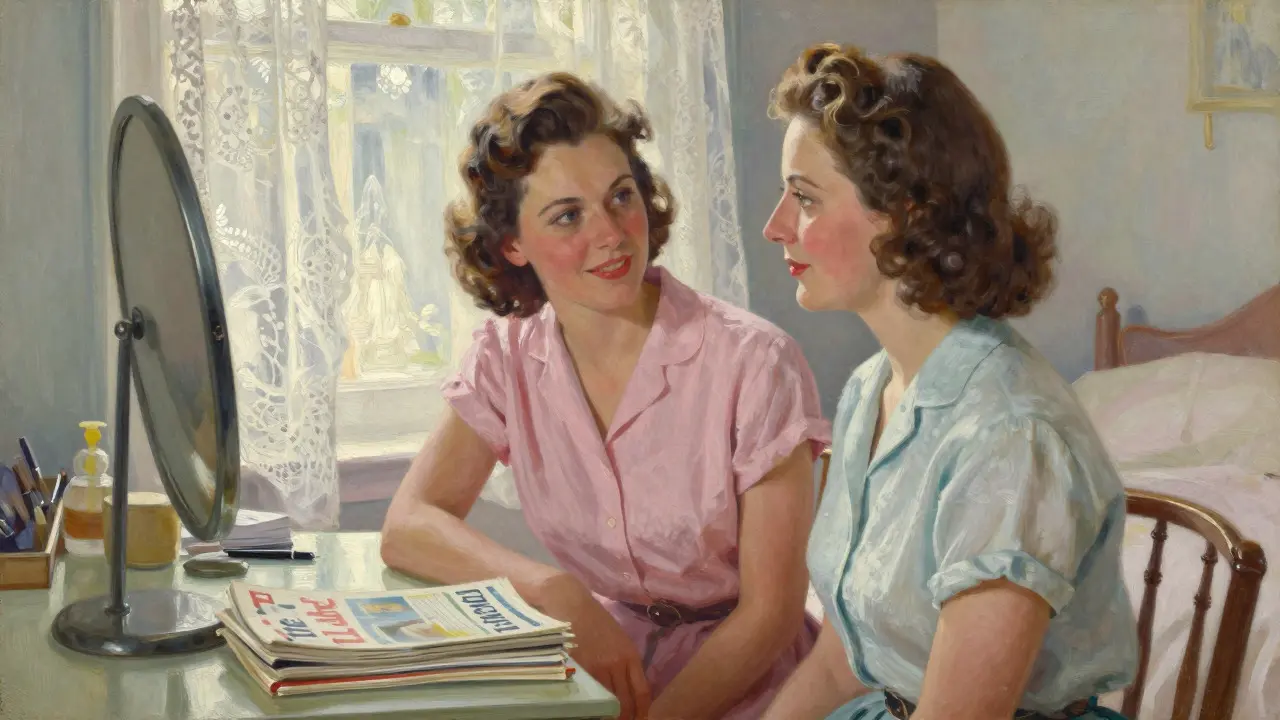 Two women sharing a moment at a vanity table in a 1950s bedroom