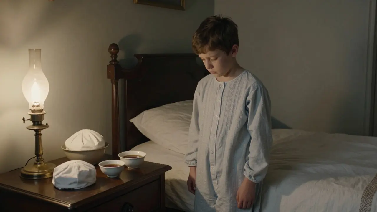 Victorian-era bedroom scene showing restrictive medical practices for children