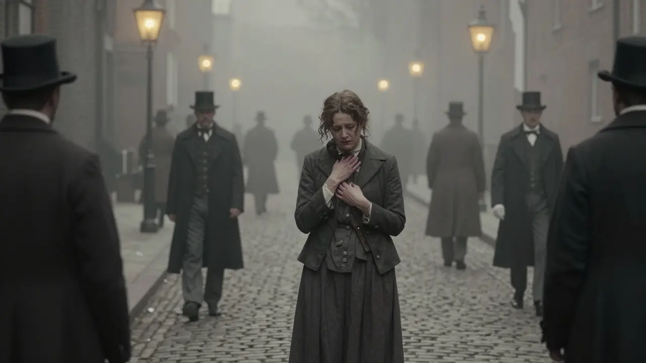 Victorian woman standing alone on a foggy street, surrounded by blurred figures