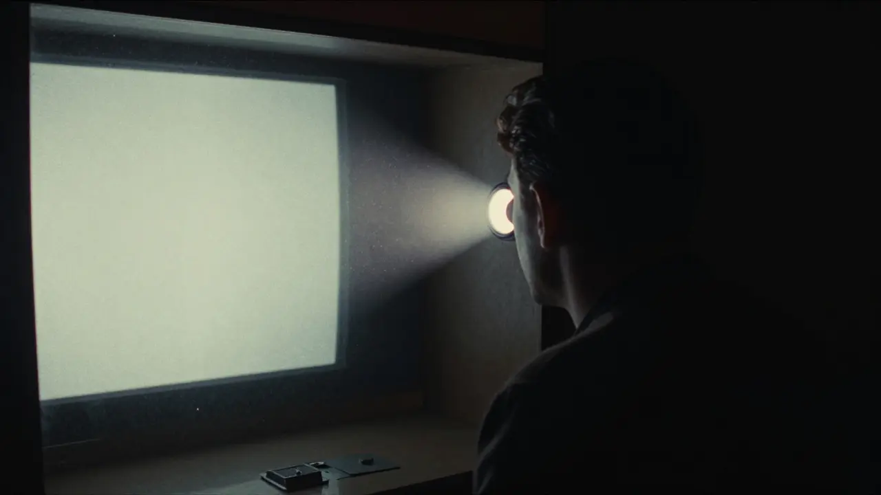 View from inside a dark peep show booth looking at a glowing projector screen
