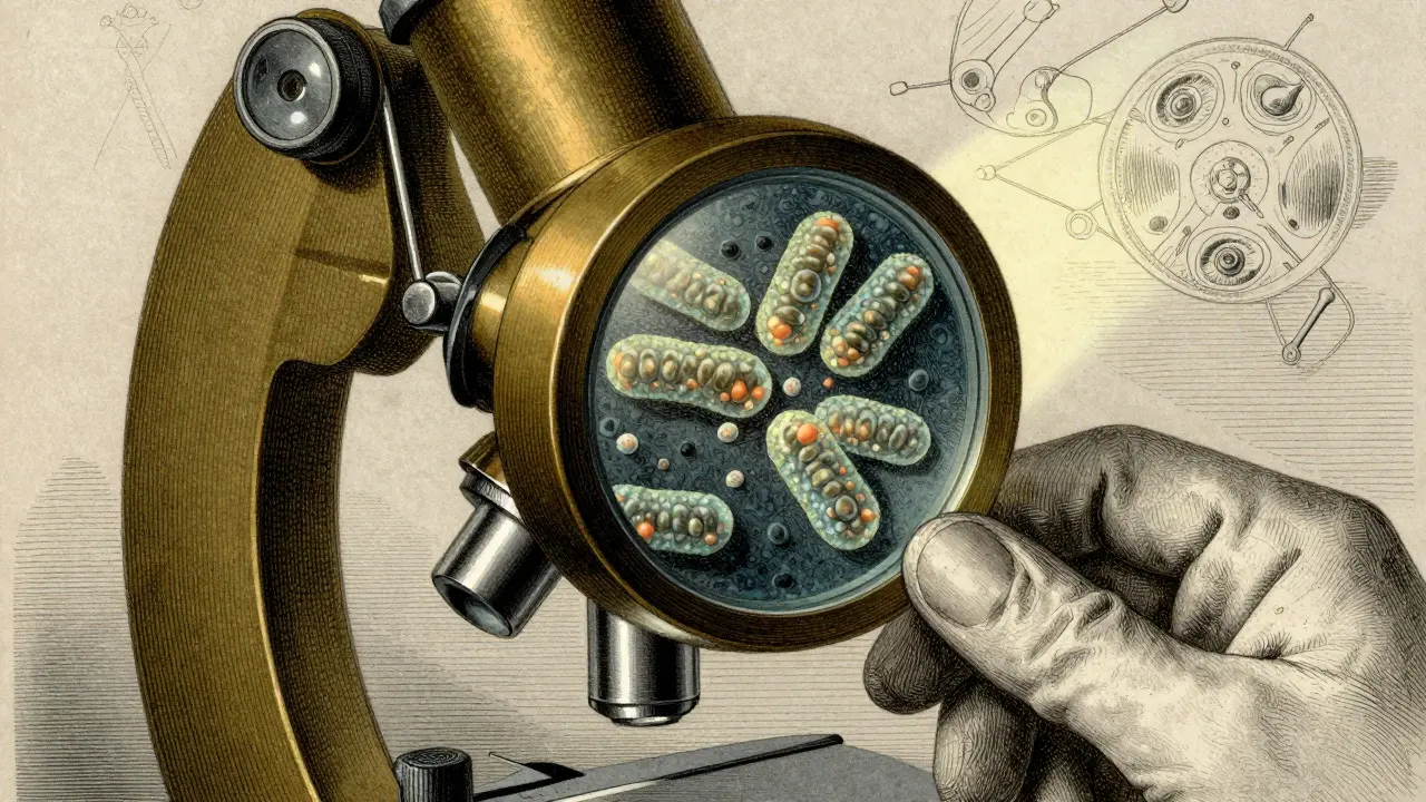 Vintage engraving showing a microscope revealing gonorrhea bacteria under magnification