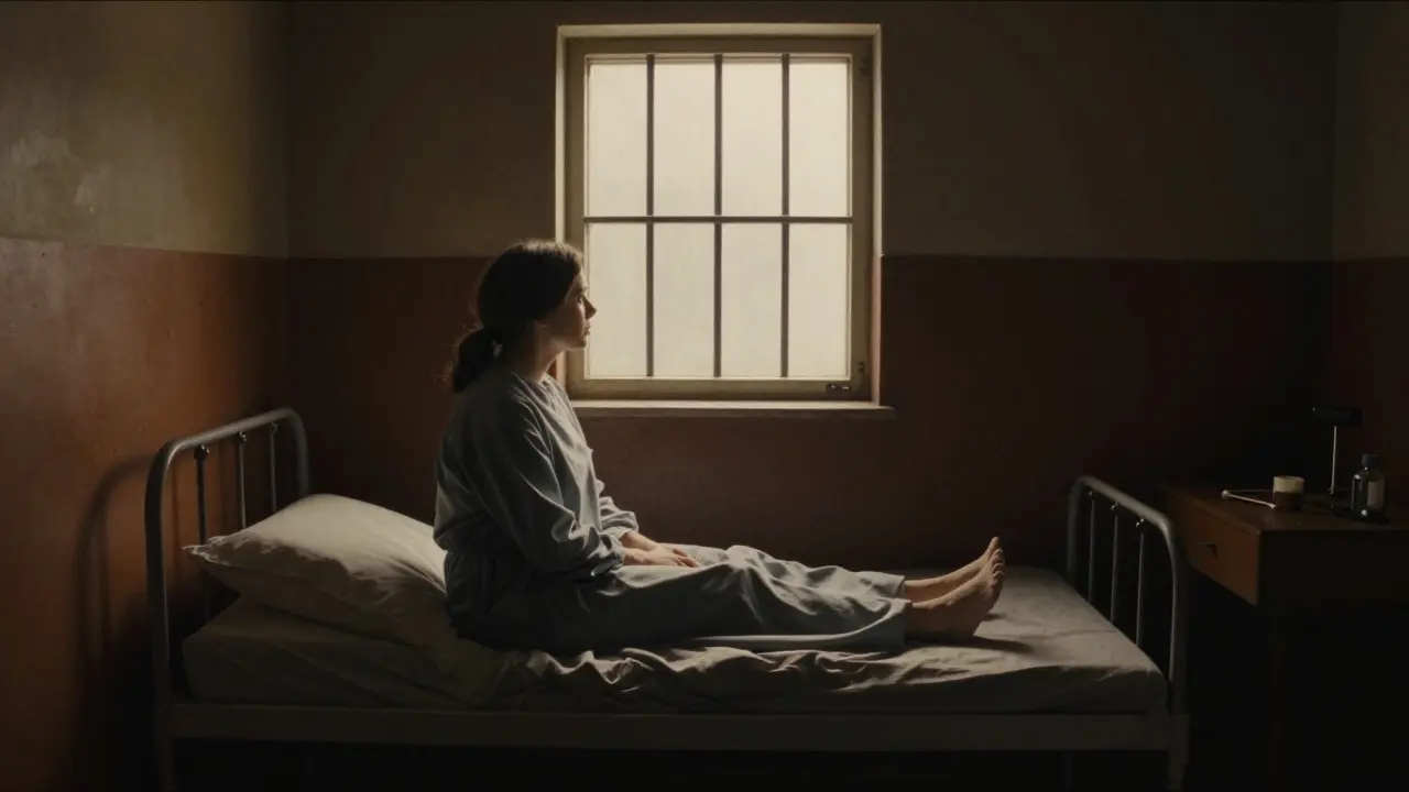 Woman sitting on an iron bed inside a dark Victorian hospital room