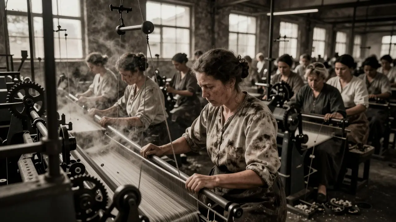 Women working amidst dust and machinery in a historic textile mill