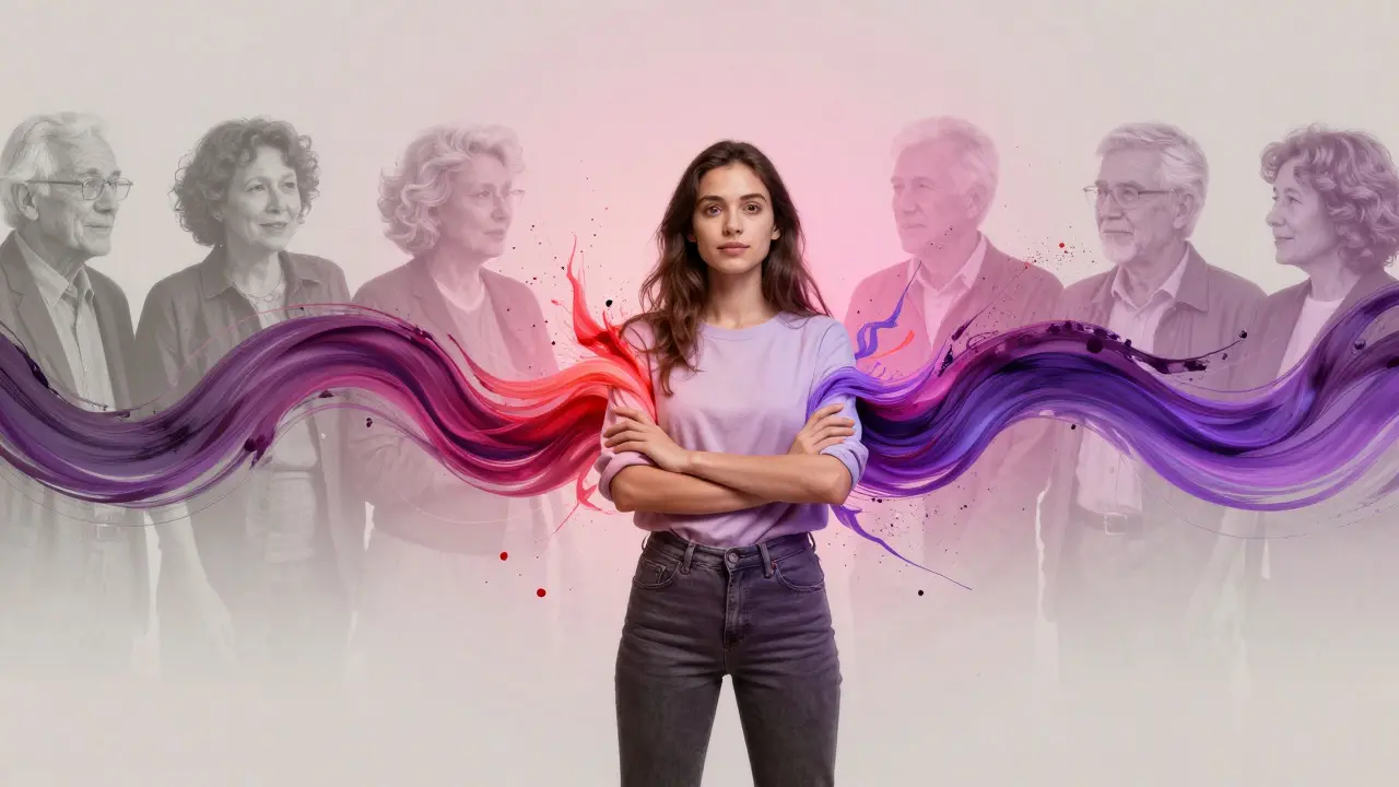 Young woman surrounded by colorful swirls, symbolizing the breaking of menstrual taboos through education and open dialogue.