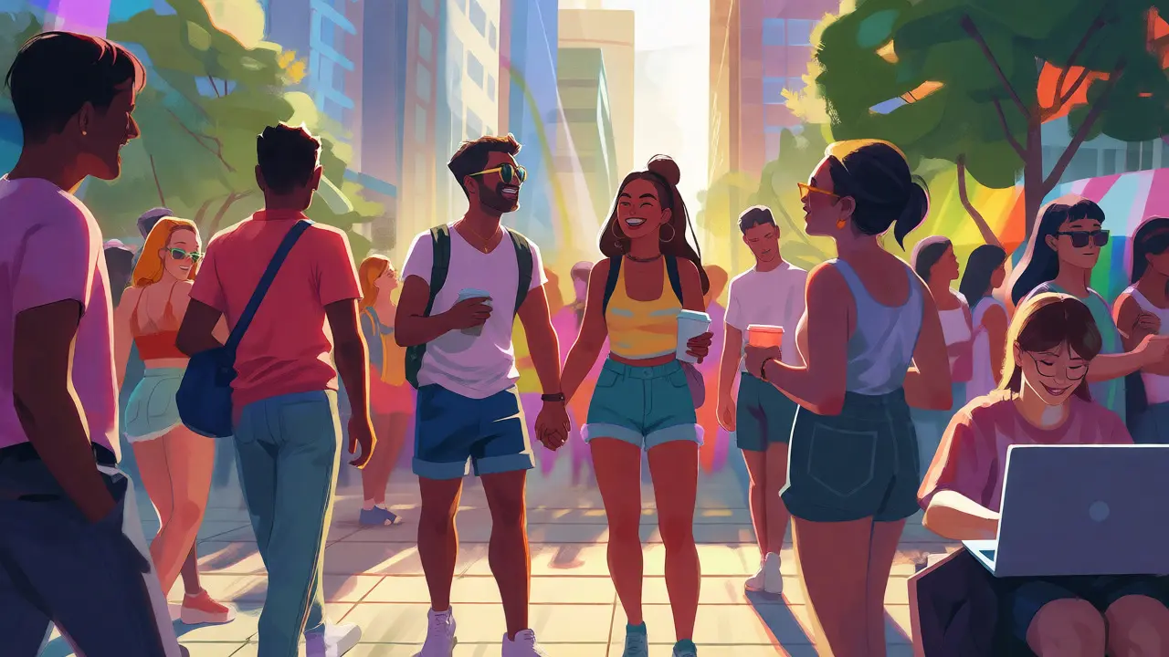 A diverse group of LGBTQ+ individuals celebrating community and visibility in a sunny urban plaza.