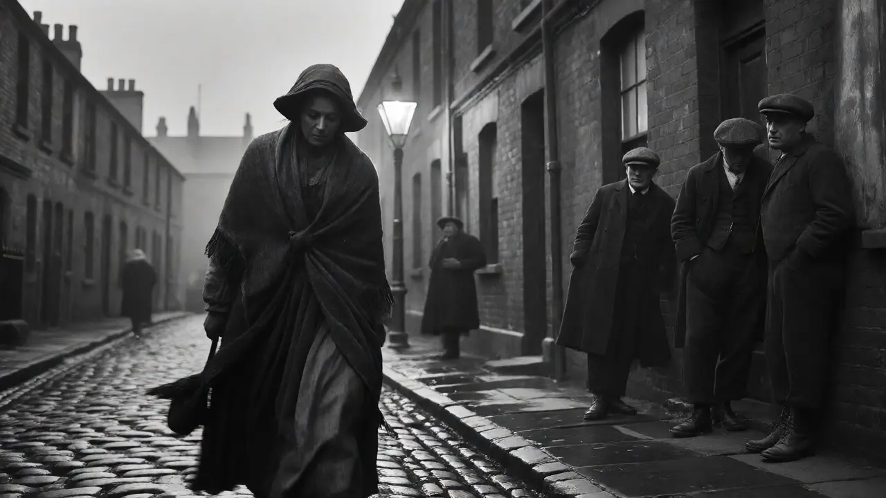 A woman walks alone through a foggy Victorian street while men watch from the shadows.