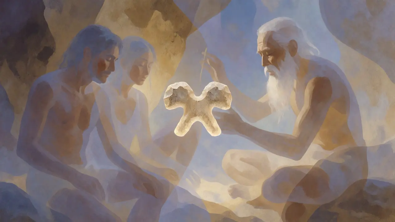 Abstract art showing overlapping figures and a glowing double-headed stone.